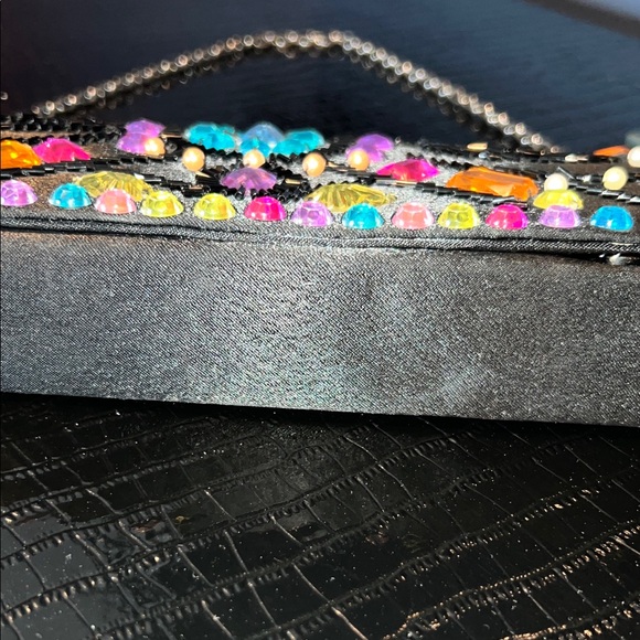 💎 Multi-Color Gemstone & Artisan Beaded Black Satin Evening Clutch 💎 - Picture 5 of 13